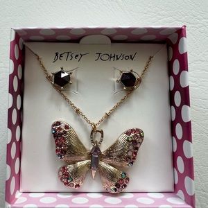Betsey Johnson Butterfly Pendant Necklace & Stone Earrings Set